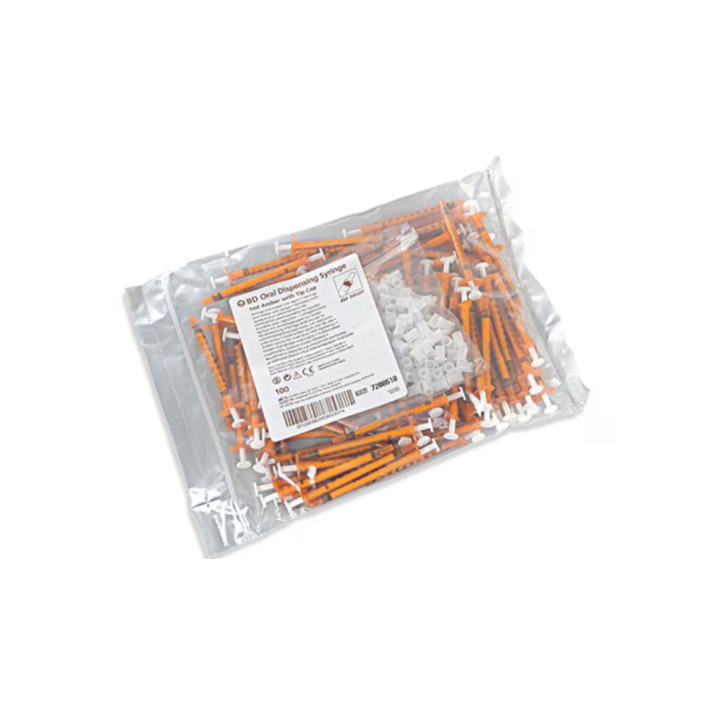 1ml BD Oral Syringe Amber with Tip Cap Bag of 100