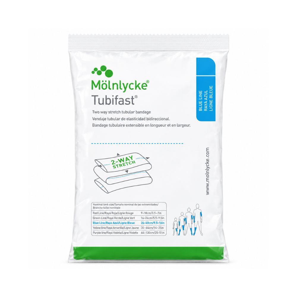 7.5cm x 10m White Molnlycke Tubifast TwoWay Stretch Tubular Bandage Blue Line