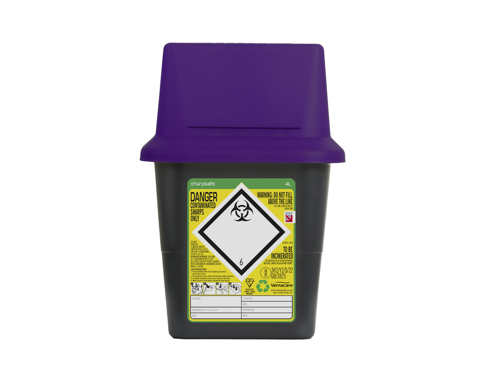 4 Litre Sharpsafe Grey Sharps Bin Purple Lid UKMEDI