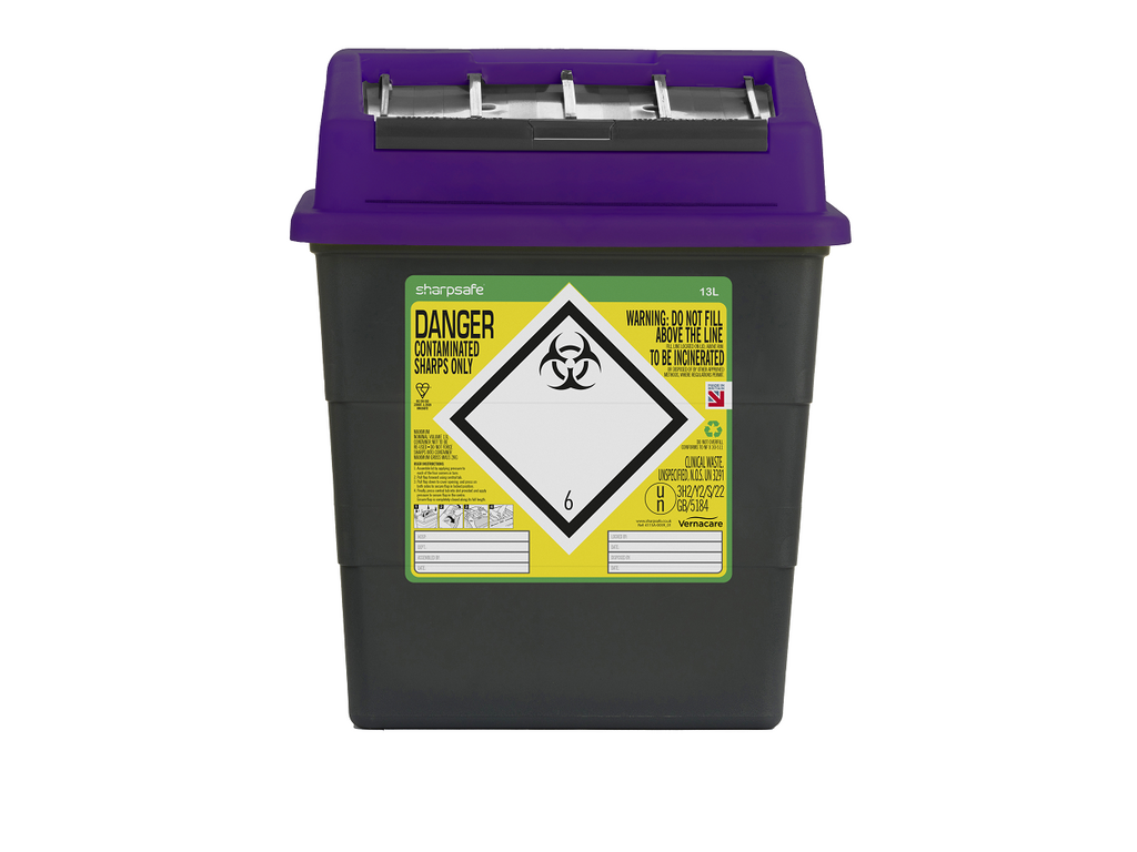 13 Litre Sharpsafe Grey Sharps Bin Purple Lid - UKMEDI