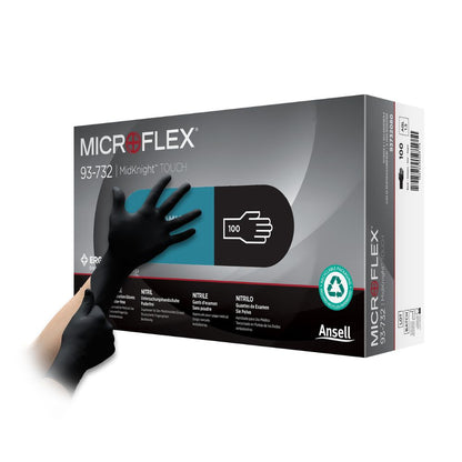 Black Ansell Microflex MidKnight Touch Nitrile Examination Gloves Box of 100