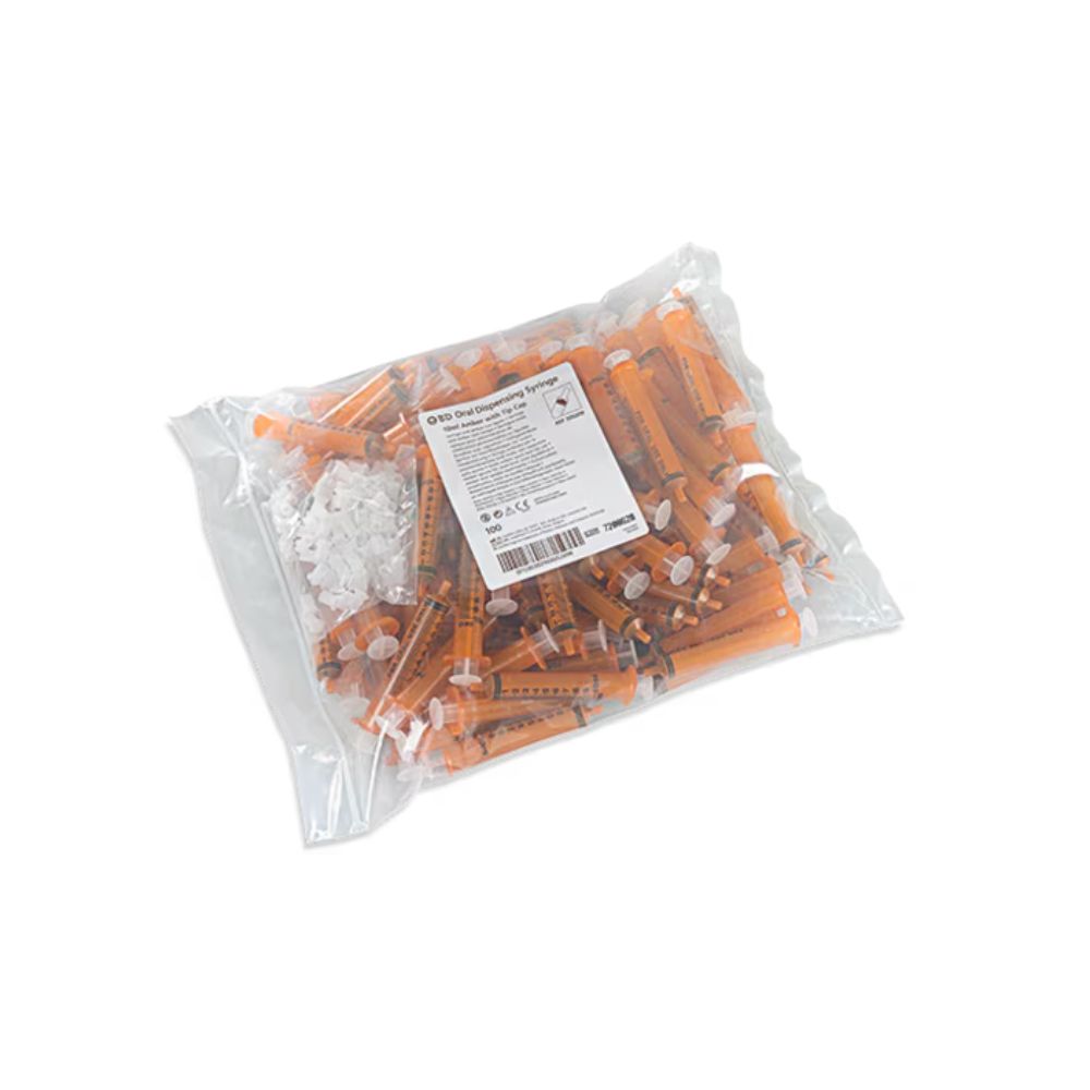 10ml BD Oral Syringe Amber with Tip Cap Bag of 100