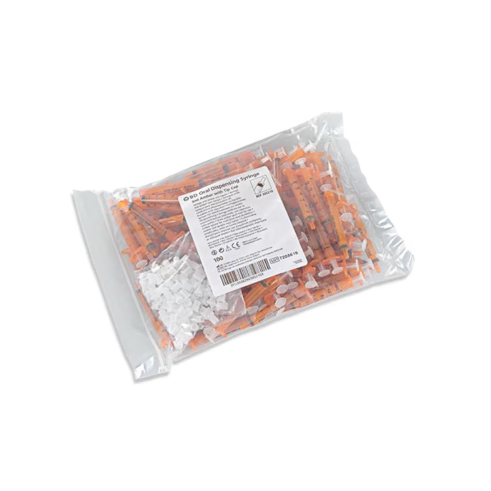 3ml BD Oral Syringe Amber with Tip Cap Bag of 100