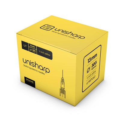 30g Yellow 0.5 Inch Unisharp Needles - UKMEDI