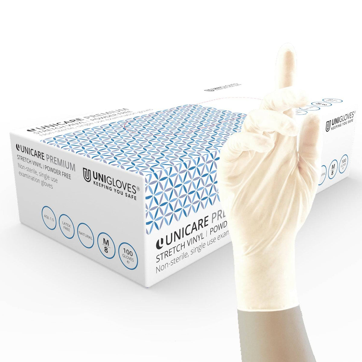 Unicare Premium Stretch Vinyl Examination White Gloves Box of 100 – UKMEDI