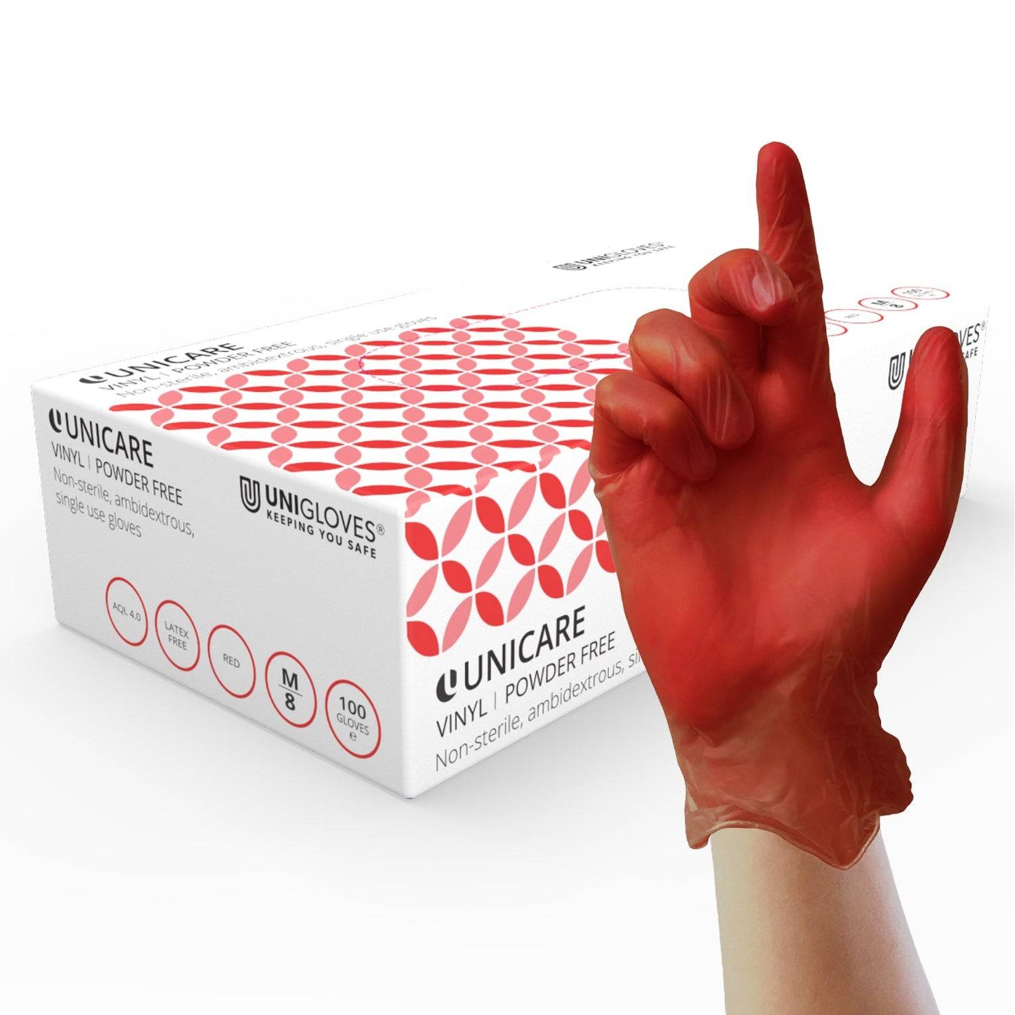 Unicare Red Vinyl Powder Free Box of 100 Gloves