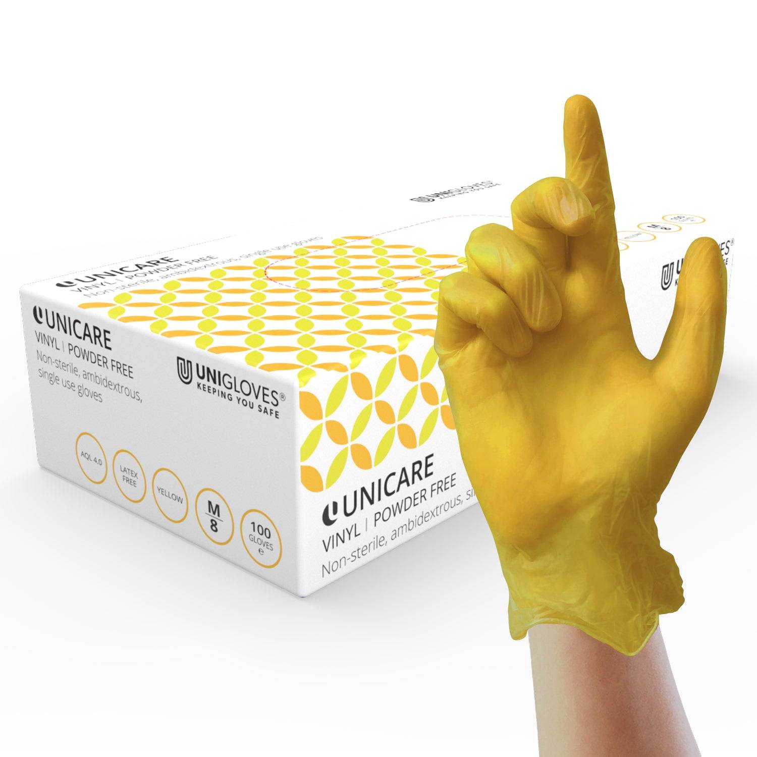 Unicare Yellow vinyl examination gloves Box of 100 – UKMEDI