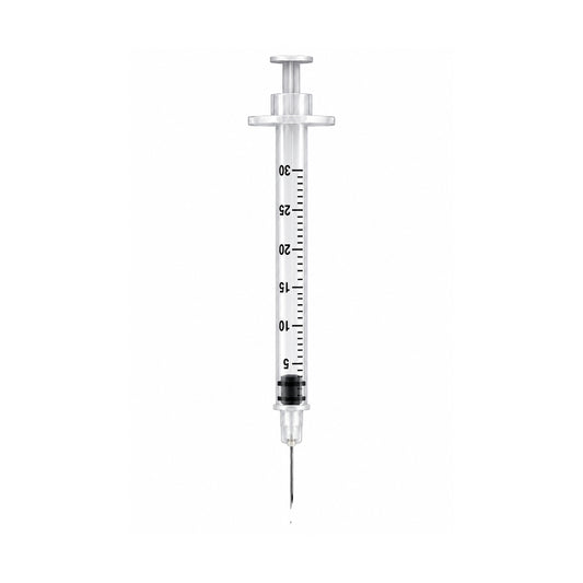 0.3ml Embecta BD Micro-Fine U100 Insulin Syringe and Needle, 31g 6mm, with clear barrel and graduated markings.