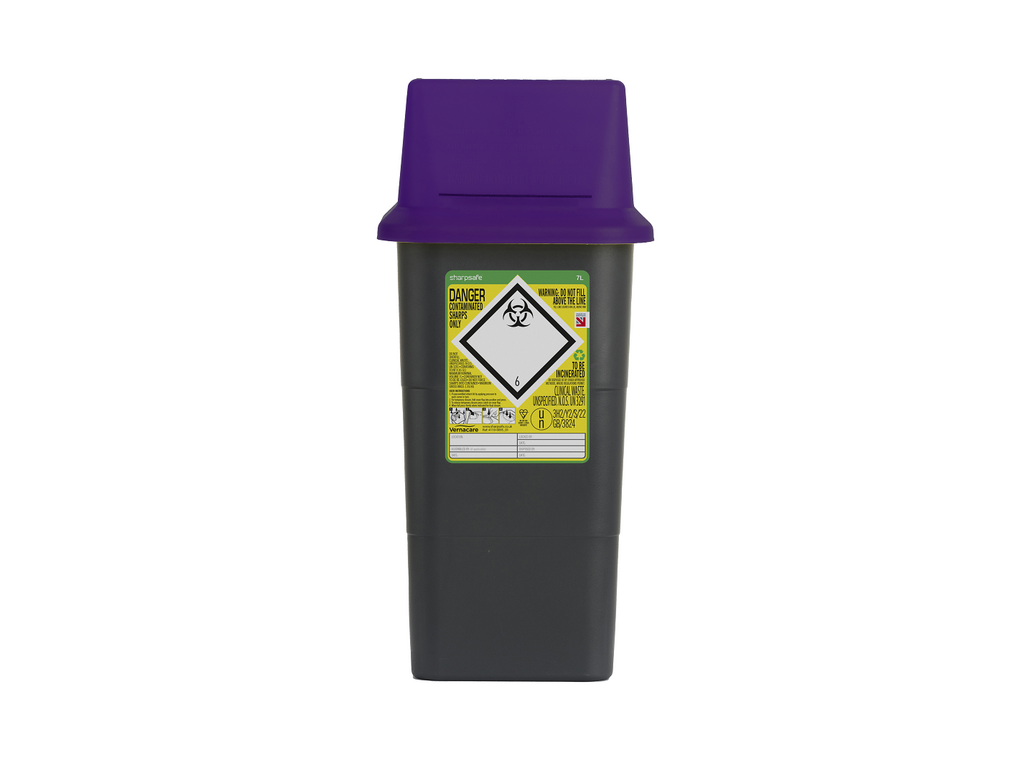 7 Litre Sharpsafe Grey Sharps Bin - Purple Lid